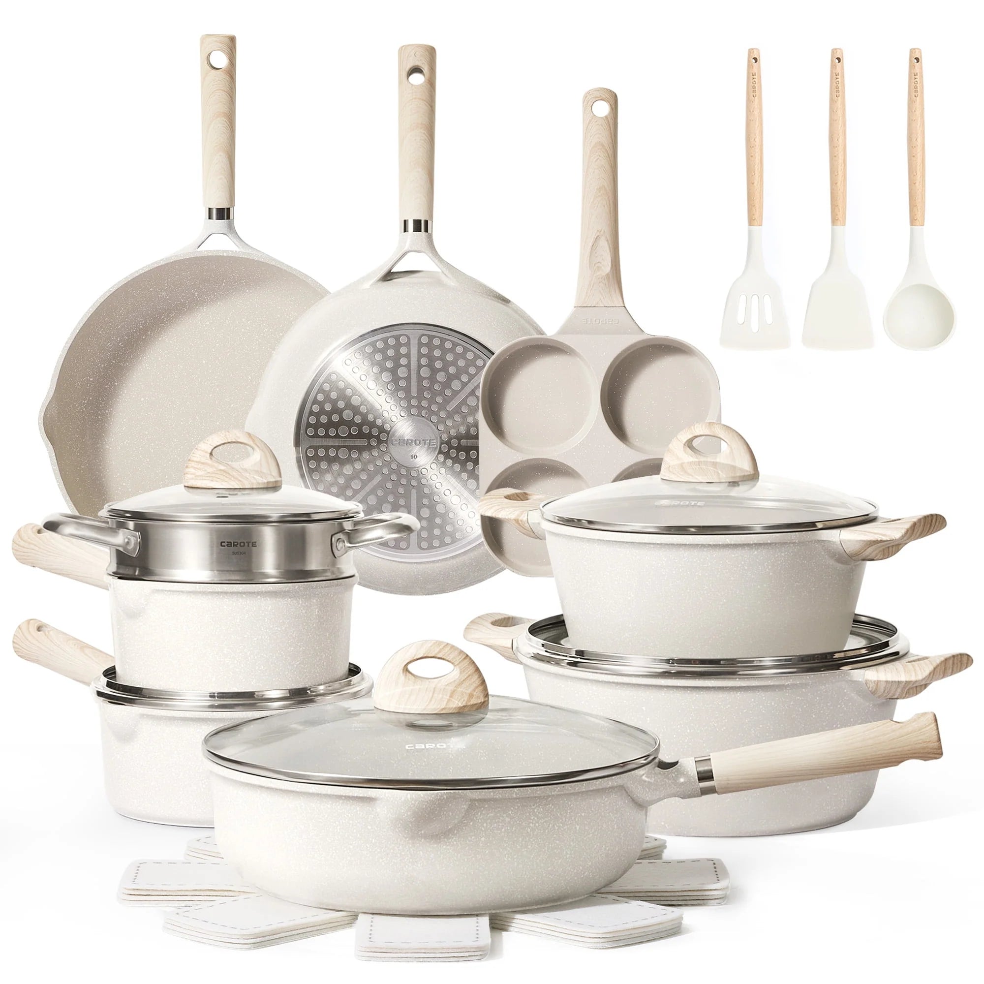 Carote 21-Piece Nonstick Cookware Set, Eco-Friendly Granite, Induction Compatible, Beige
