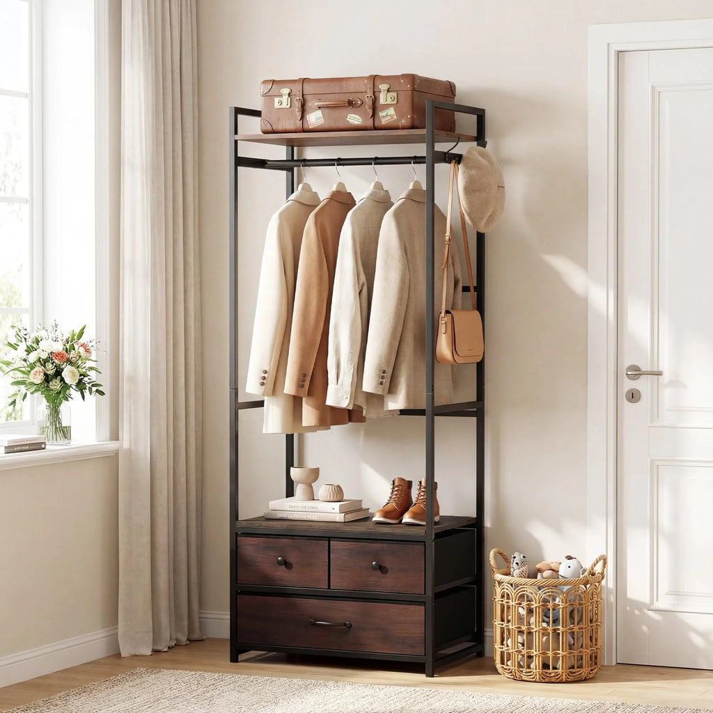 Tangkula Freestanding Small Clothes Rack | Heavy Duty Coat Rack with Drawers