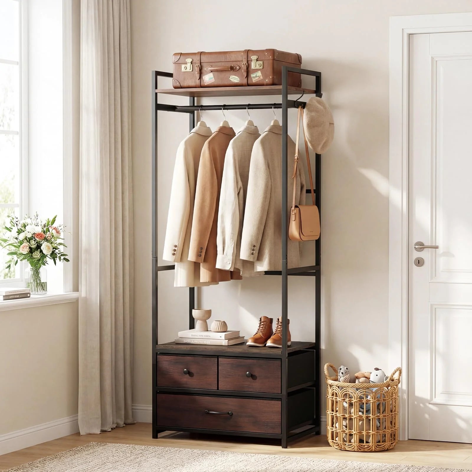 Tangkula Freestanding Small Clothes Rack | Heavy Duty Coat Rack with Drawers
