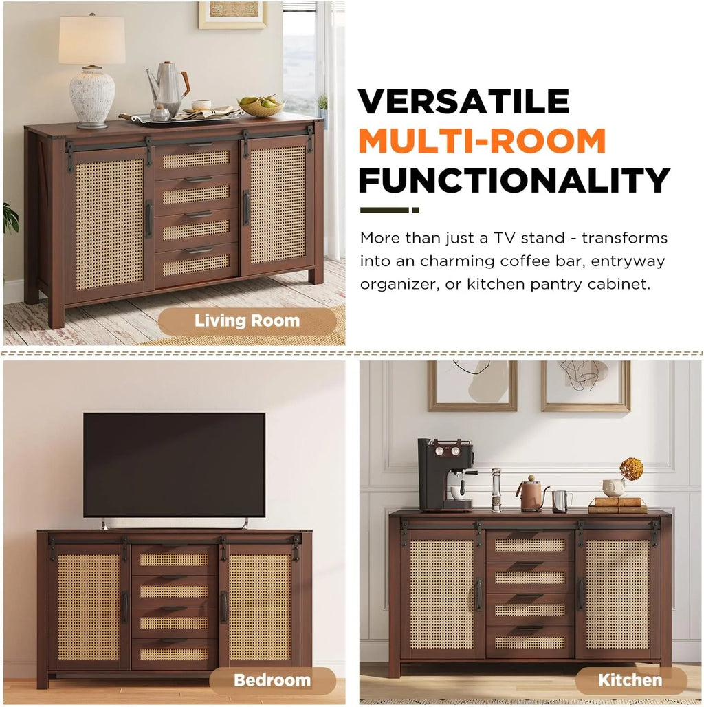AECOJOY Farmhouse Sideboard Buffet Cabinet with Storage, Rattan Kitchen Cabinet w/Sliding Barn Doors & 4 Drawers