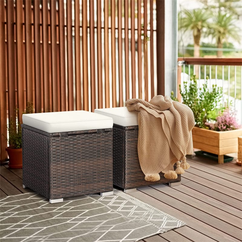 2PCS Wicker Outdoor Storage Ottomans with Removable Cushions, Multipurpose PE Rattan Footrest Side Table Seating for Patio Poolside Backyard
