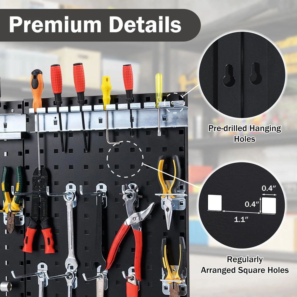 3 Pcs Metal Pegboard Panels w/25 Hooks, Storage Platform & Square Hole, Heavy Duty Pegboard Wall Organizer, Peg Board for Workshop Tool Storage