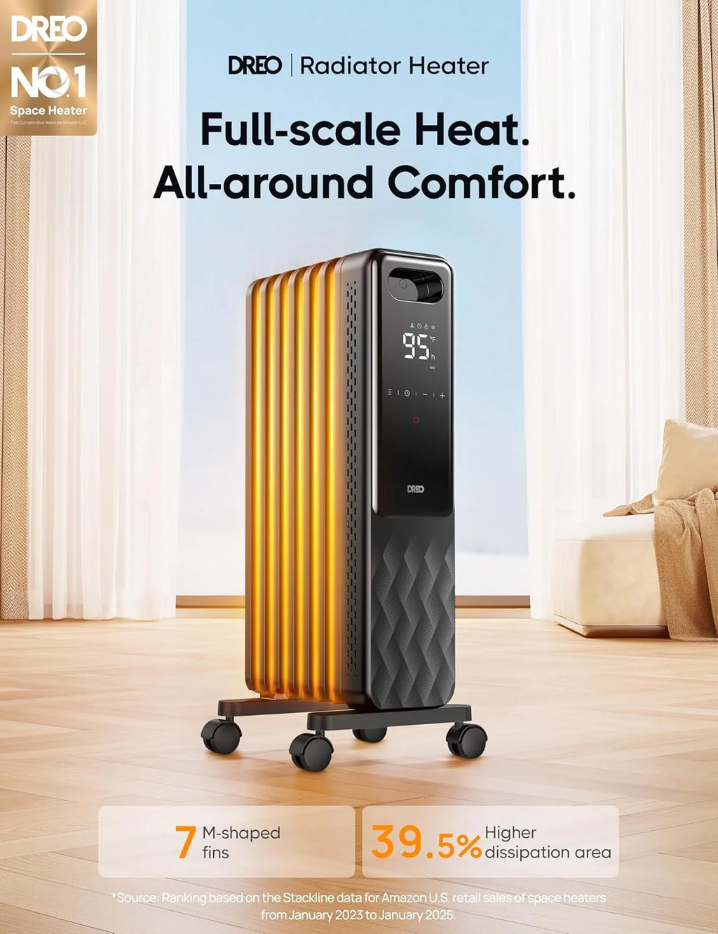 Dreo Oil Filled Radiator, Electric Radiant Heaters for Indoor Use Large Room with Remote Control, Child Lock, 4 Modes, Overheat & Tip - Over Protection, 24h Timer, Digital Thermostat, Quiet, 1500W