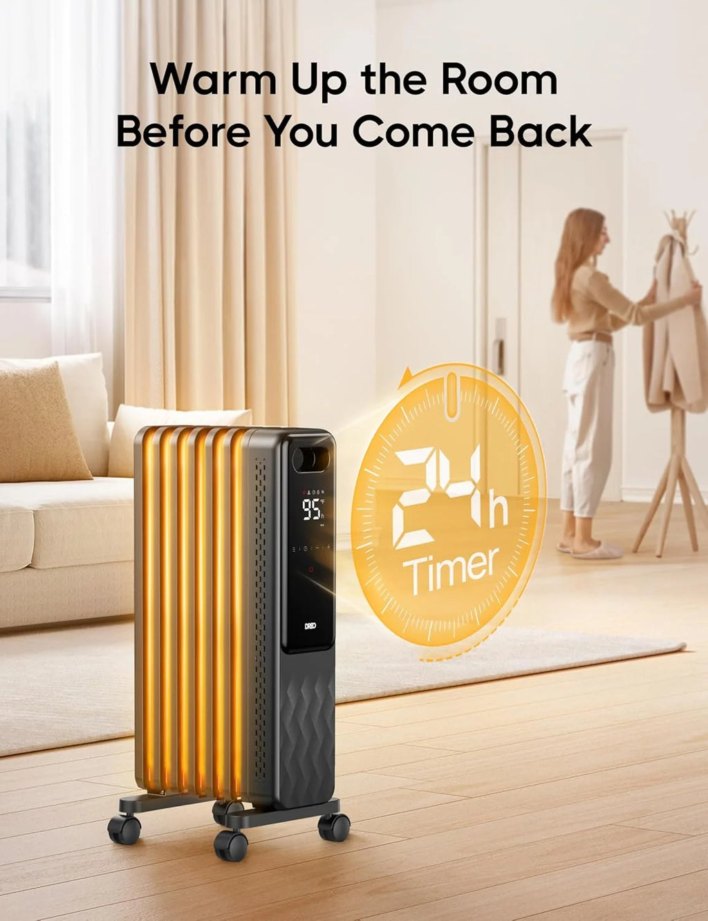 Dreo Oil Filled Radiator, Electric Radiant Heaters for Indoor Use Large Room with Remote Control, Child Lock, 4 Modes, Overheat & Tip - Over Protection, 24h Timer, Digital Thermostat, Quiet, 1500W
