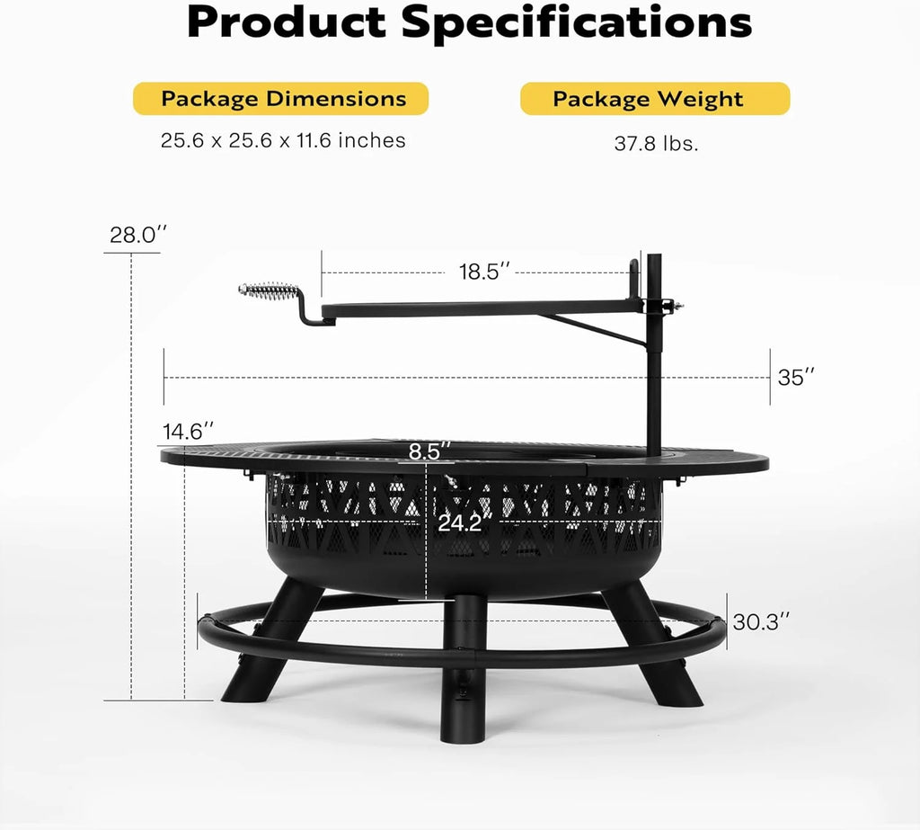 SPECSTAR 3 - in - 1 Fire Pit35 in Wood Burning Firepits with Cooking Grill Grate & Charcoal Pan & Cover Lid, Metal Table for Backyard Bonfire BBQ Outdoor Camping Picnic