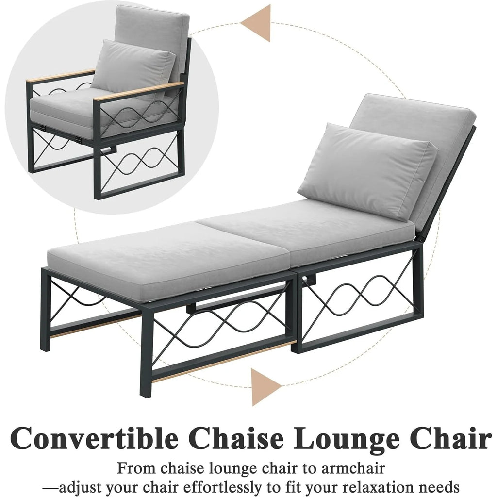 AECOJOY Outdoor Metal Chaise Lounge Chair, Convertible Patio Armchair with Cushions, Adjustable 5-Position Recliner