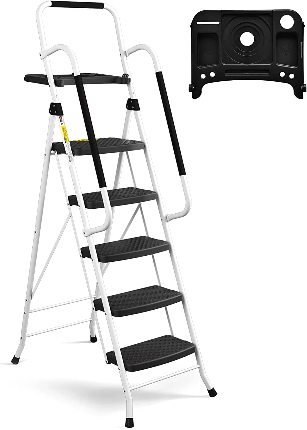 Hbtower Folding 5 - Step Ladder, 330 lb, with Handrails and Tool Tray and Anti - Slip Pedal, White