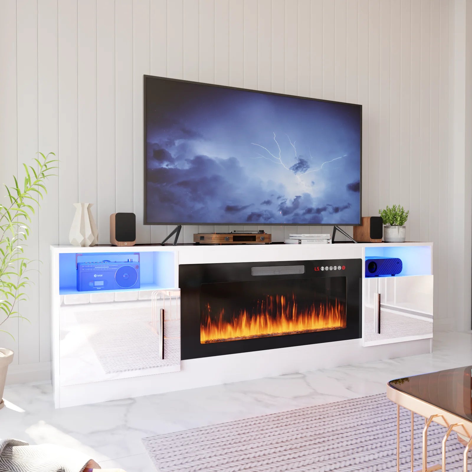 Waleaf Fireplace TV Stand with 36" Electric Fireplace up to 80" Tvs, Modern Wood Media TV Console with Highlight Cabinet, White
