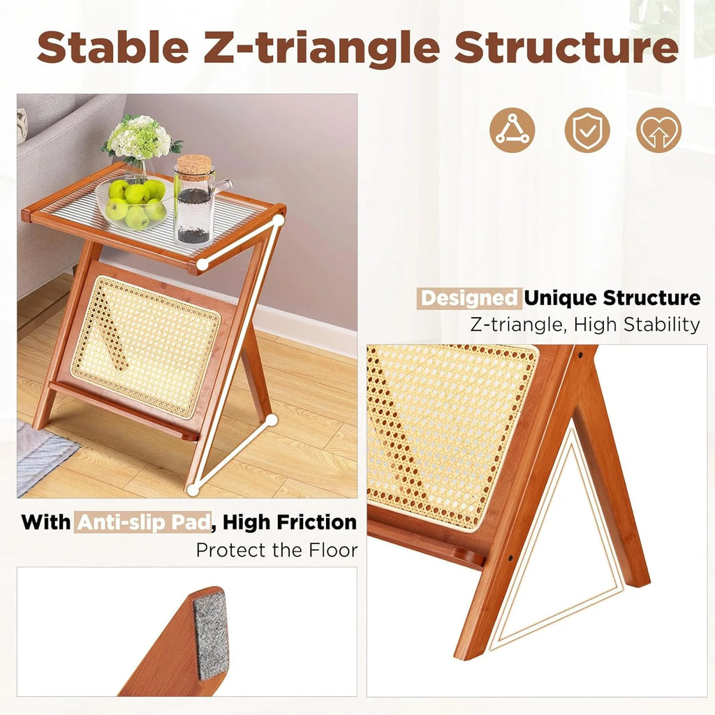 AECOJOY Rattan Side Table Set of 2, Rattan End Table Z-Shaped Boho Nightstand with Glass-top