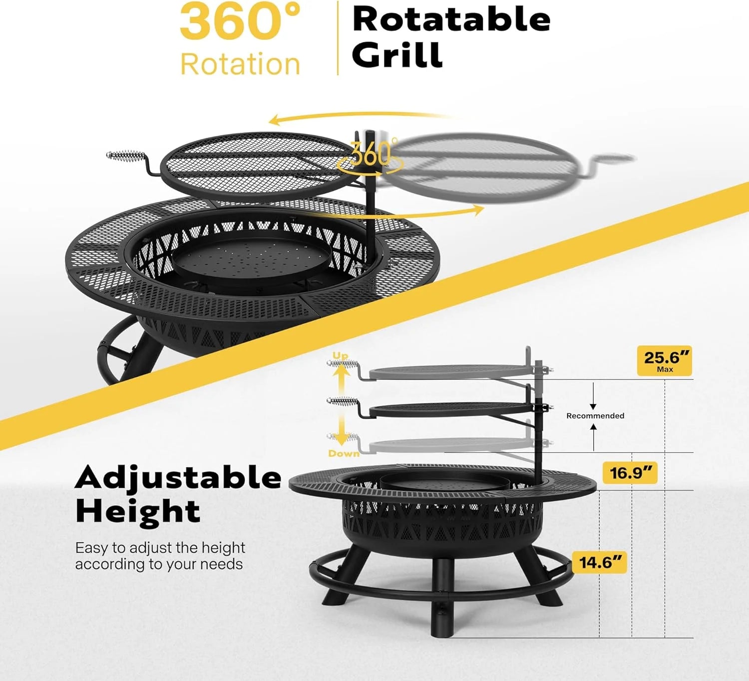 SPECSTAR 3 - in - 1 Fire Pit35 in Wood Burning Firepits with Cooking Grill Grate & Charcoal Pan & Cover Lid, Metal Table for Backyard Bonfire BBQ Outdoor Camping Picnic