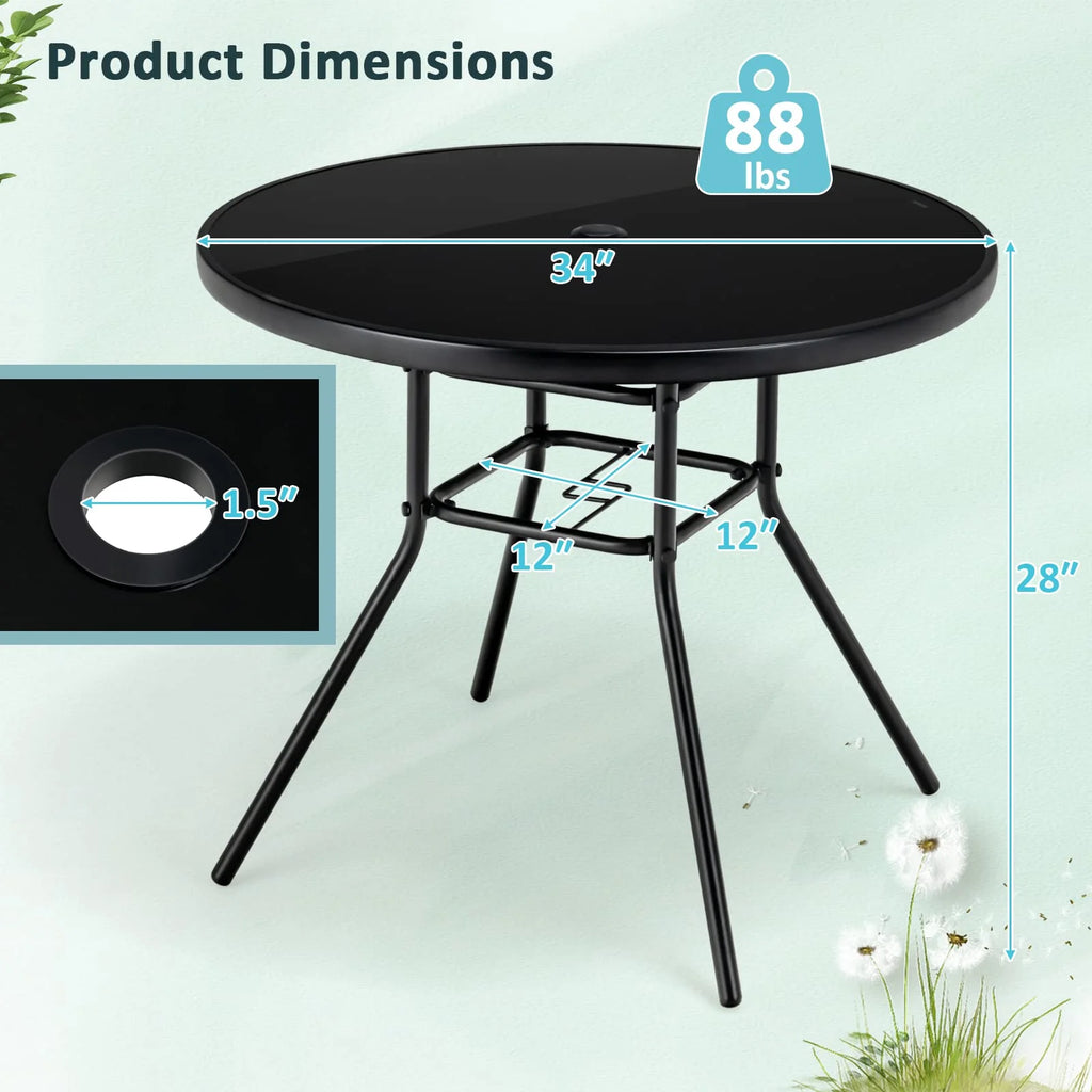 Tangkula 34 Inch Patio Dining Table, Round Tempered Glass Table with 1.5" Umbrella Hole