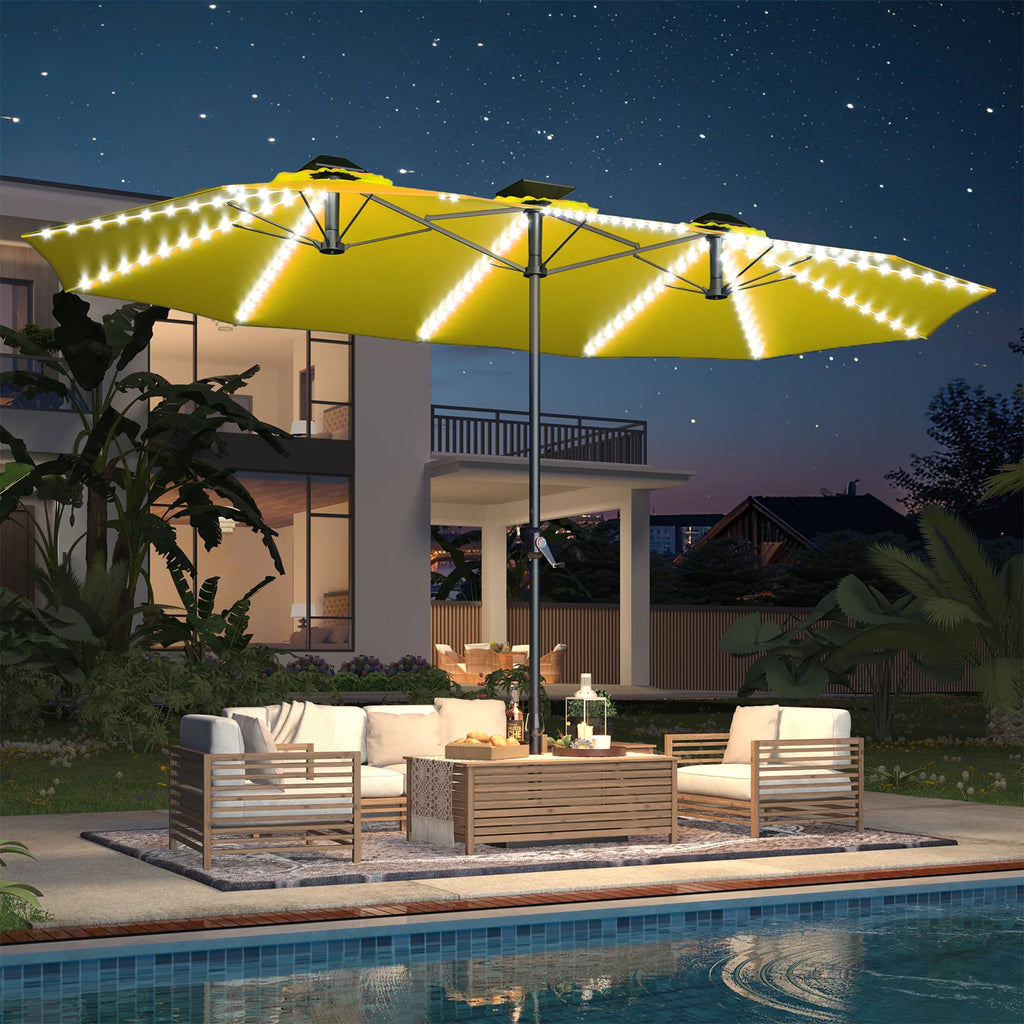 AECOJOY 15ft Patio Double-Sided Umbrella, 156 PCS Solar LED Light Outdoor Large Umbrella, Yellow