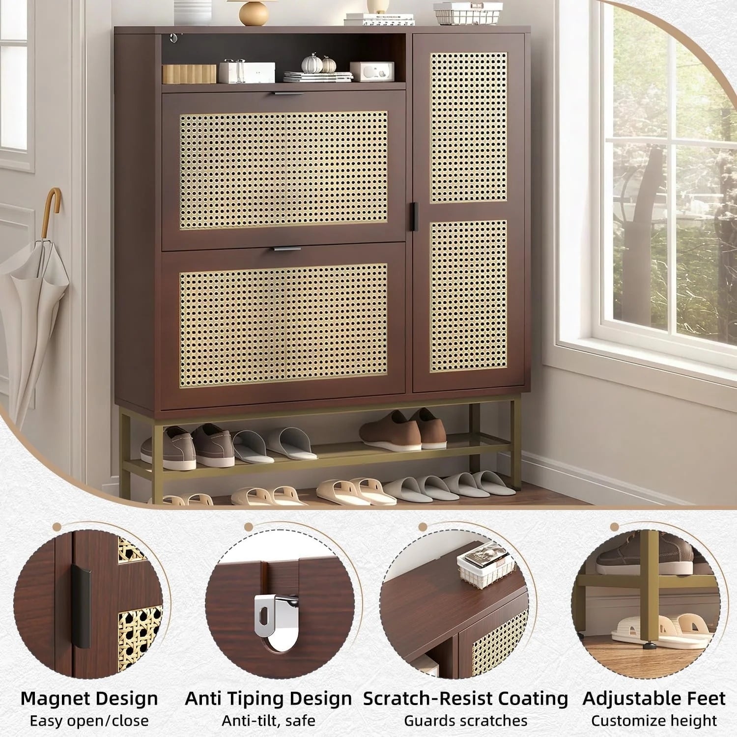AECOJOY Rattan Shoe Cabinet with 3 Flip Drawers, Free Standing Shoe Storage Organizer with Adjustable Shelves, Fits 13 Shoes