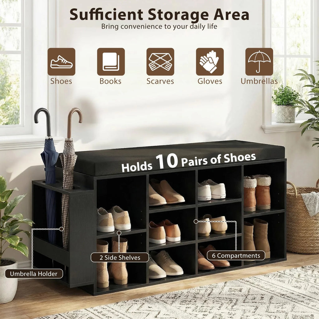 Tangkula Shoe Storage Bench with Umbrella Stand 10-Cubby Entryway Shoe Rack Organizer