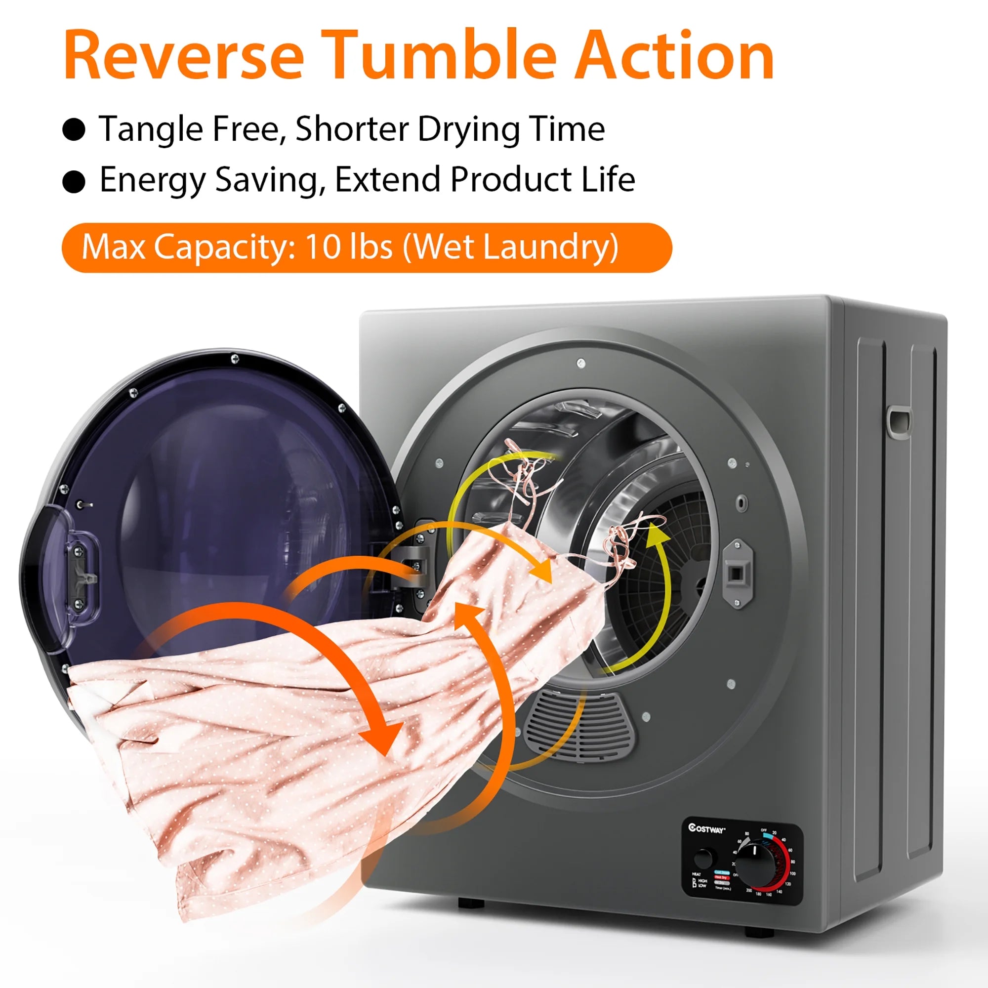 Costway Electric Tumble Compact Laundry Dryer Stainless Steel Wall Mounted 1.5 Cu .ft