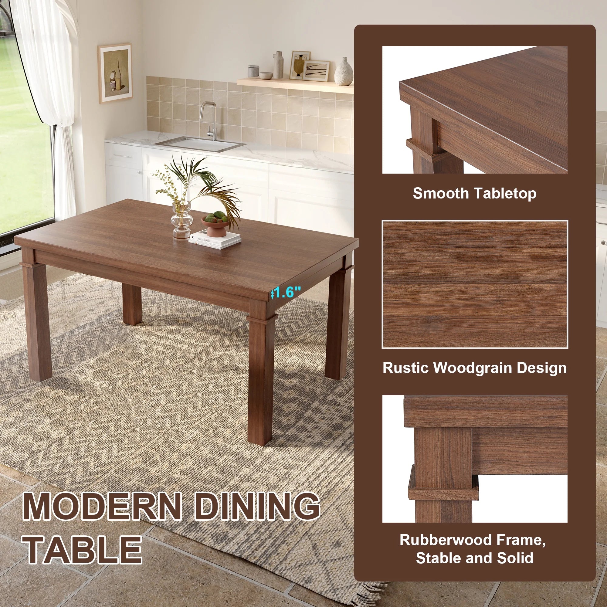 Euroco 6 - Piece Wood Dining Table Set for 6, Modern Rectangular Kitchen Table with 4 Upholstered Chairs & Bench for Kitchen Dining Room, Walnut