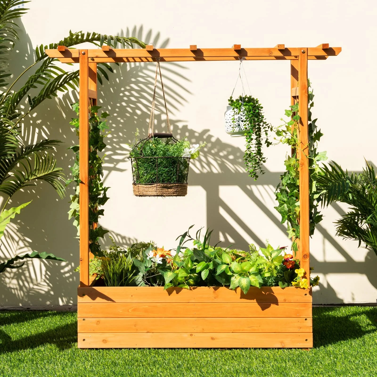 Raised Garden Bed with Arch Trellis & Hanging Roof, Freestanding Fir Wood Elevated Planter Box with Drainage Holes for Climbing Plants Flowers Vines