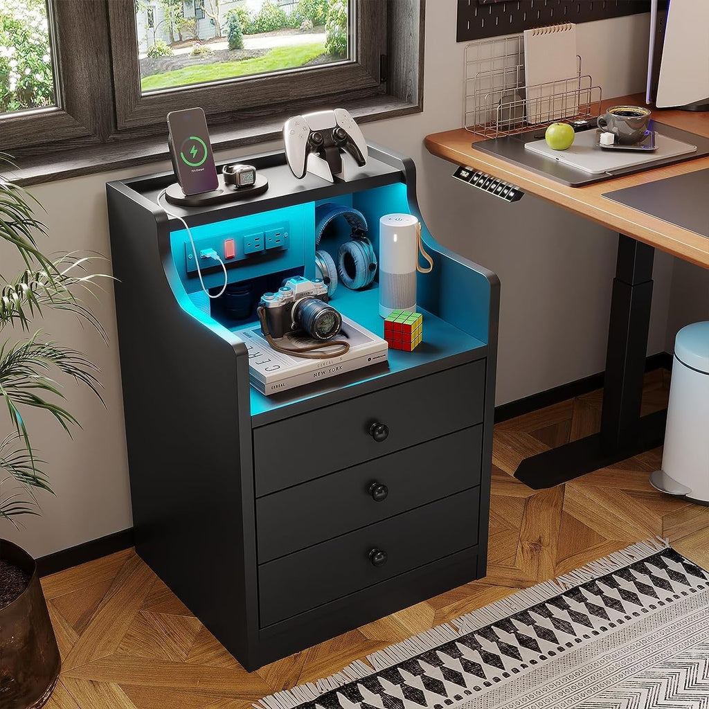 Nightstand with 3 Drawers and Shelves, Night Stand with LED Lights and USB Port Charging Station, LED Bedside Table with Hutch, Black