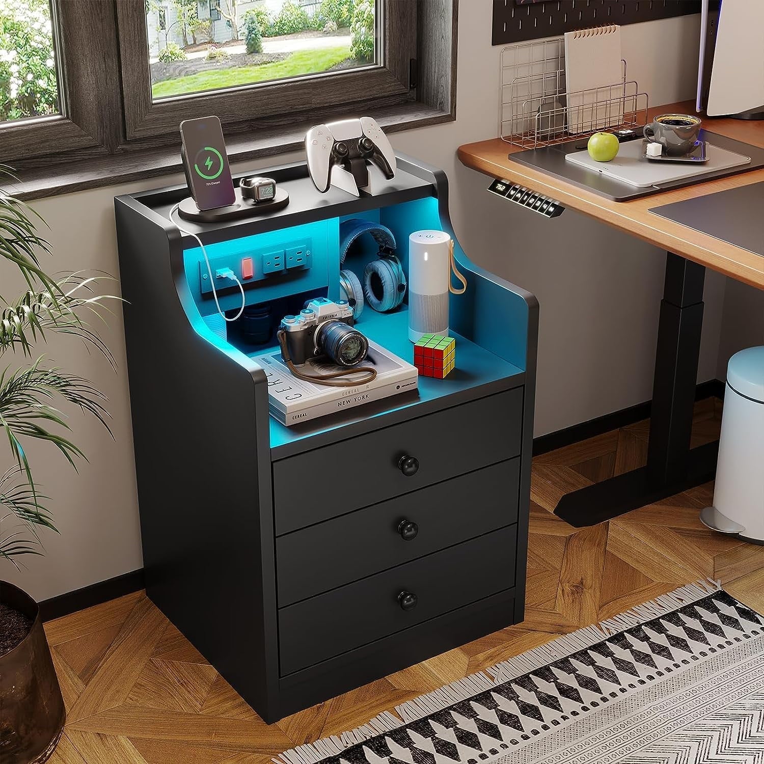 Nightstand with 3 Drawers and Shelves, Night Stand with LED Lights and USB Port Charging Station, LED Bedside Table with Hutch, Black