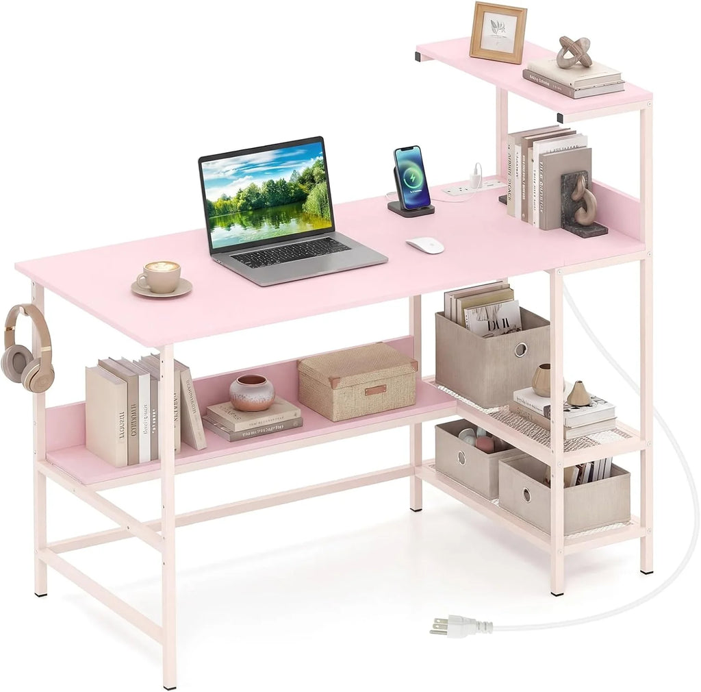Tangkula 48" Reversible Computer Desk with Bookshelves & Power Outlets
