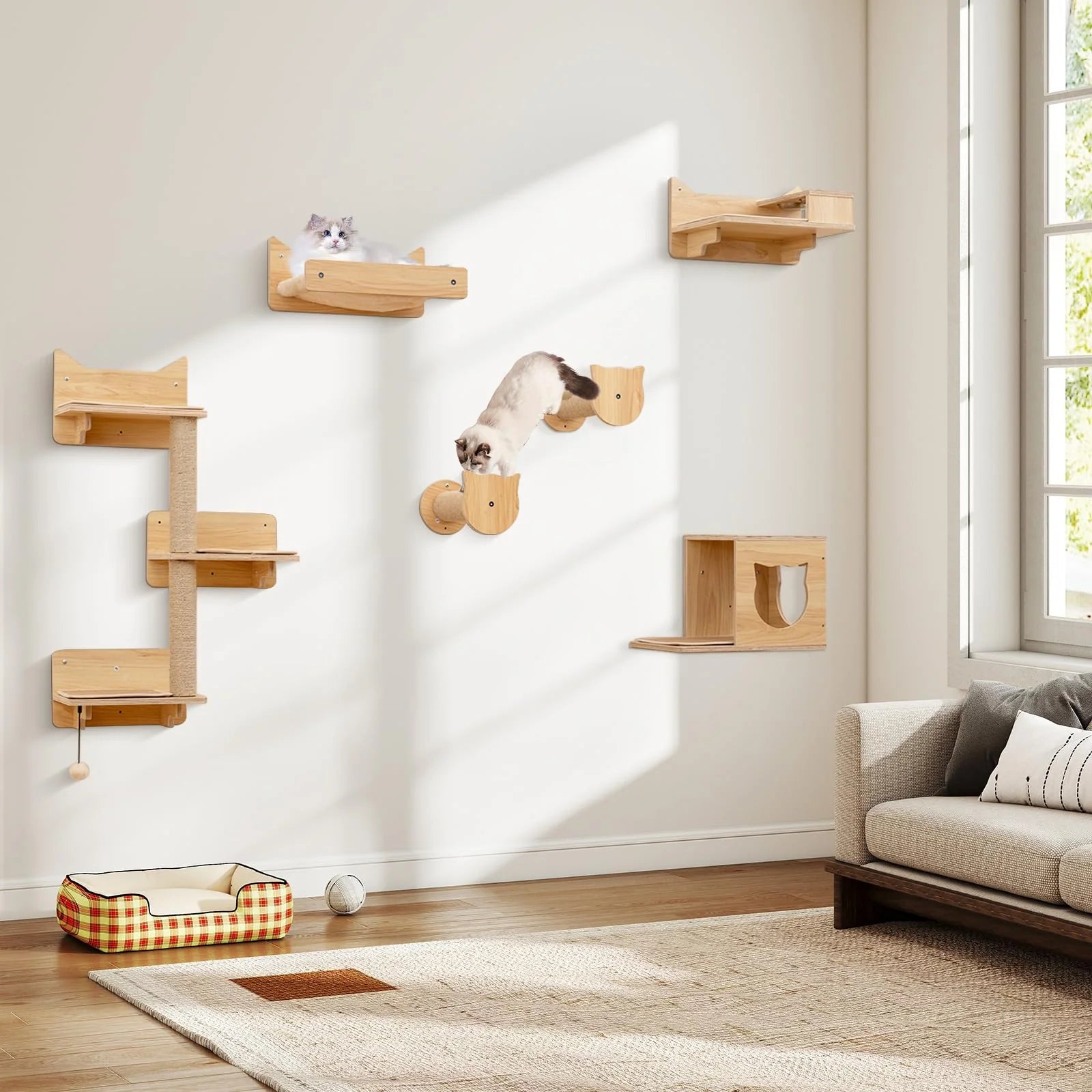 Tangkula 6 Pieces Cat Wall Furniture Set Kitten Wall Mounted Shelves