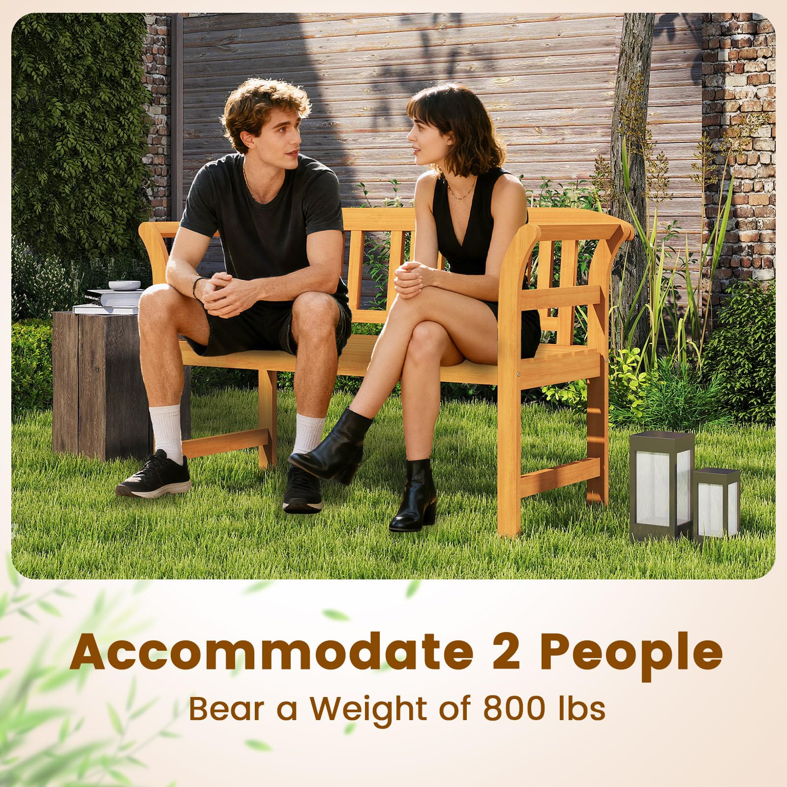 Tangkula Acacia Wood Outdoor Bench with Curved Armrests
