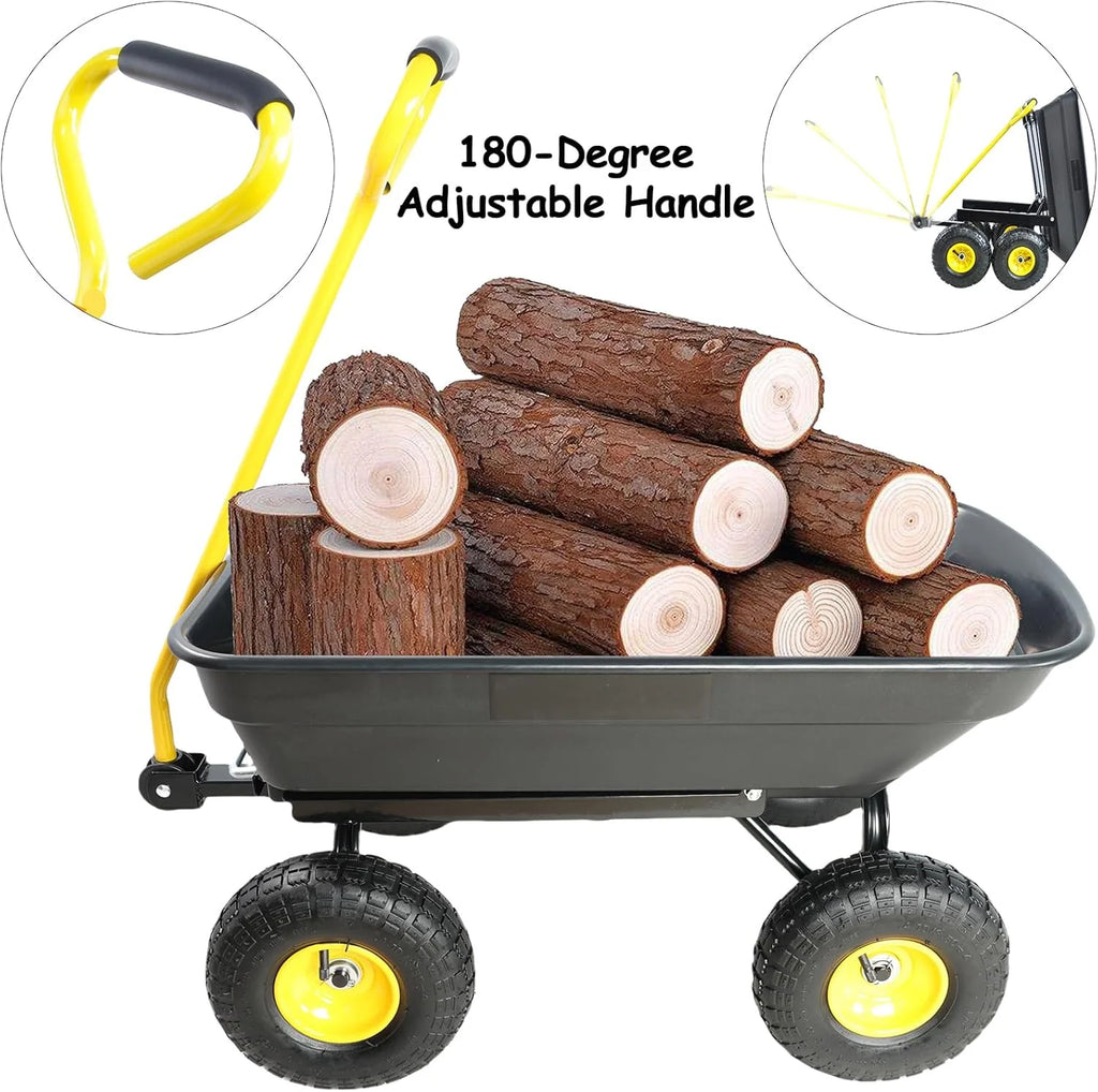 Garden Cart Yard Wagon Dump Cart on Wheels Outdoor Gardening Cart with Steel Frame Lawn Garden Dump Cart Utility, 220 lb. Capacity, 55 L, 10" Pneumatic Tire (Black)
