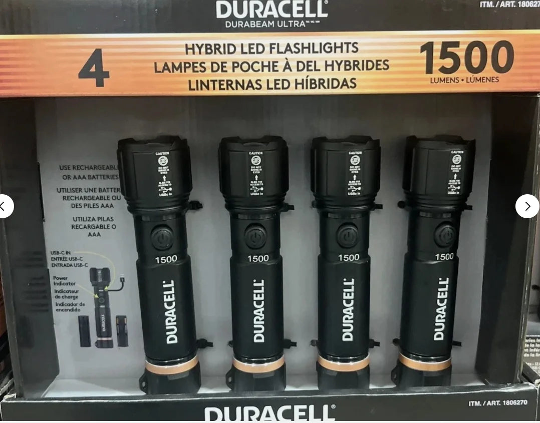 Duracell Hybrid Flashlight, 1500 Lumens, 4 - Count