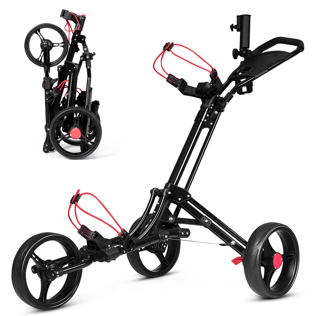 Costway Foldable 3 Wheel Steel Golf Pull Push Cart Trolley Club W/ Umbrella Holder