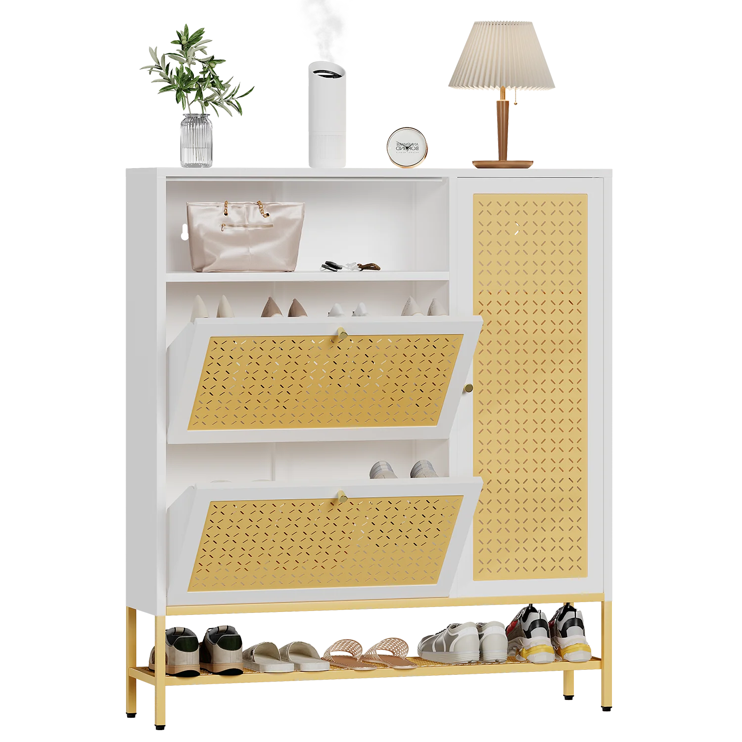 AECOJOY Shoe Storage Cabinet with 2 Flip Drawers - Hidden Shoe Organizer for Entryway, Metal Shoe Rack with Door & Open Storage