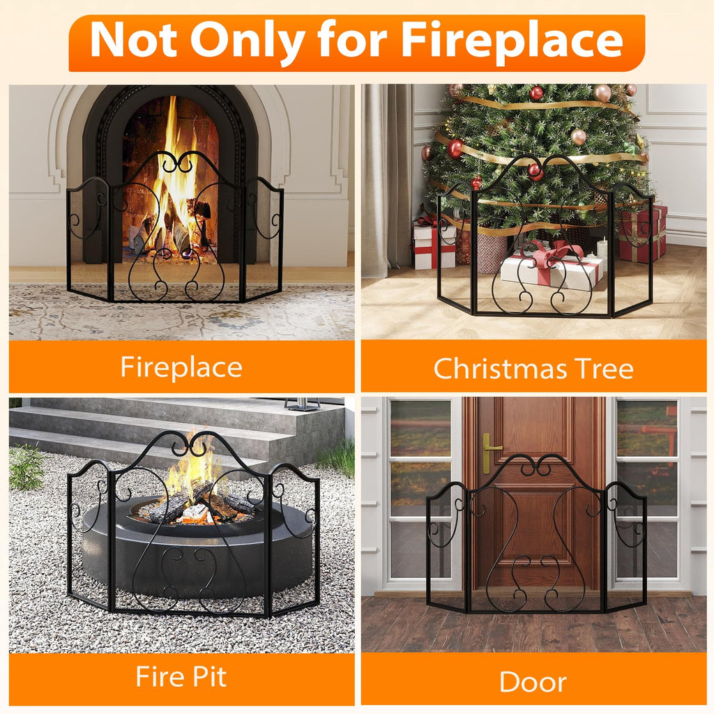 Tangkula 3 Panel Fireplace Screen with Decorative Scroll