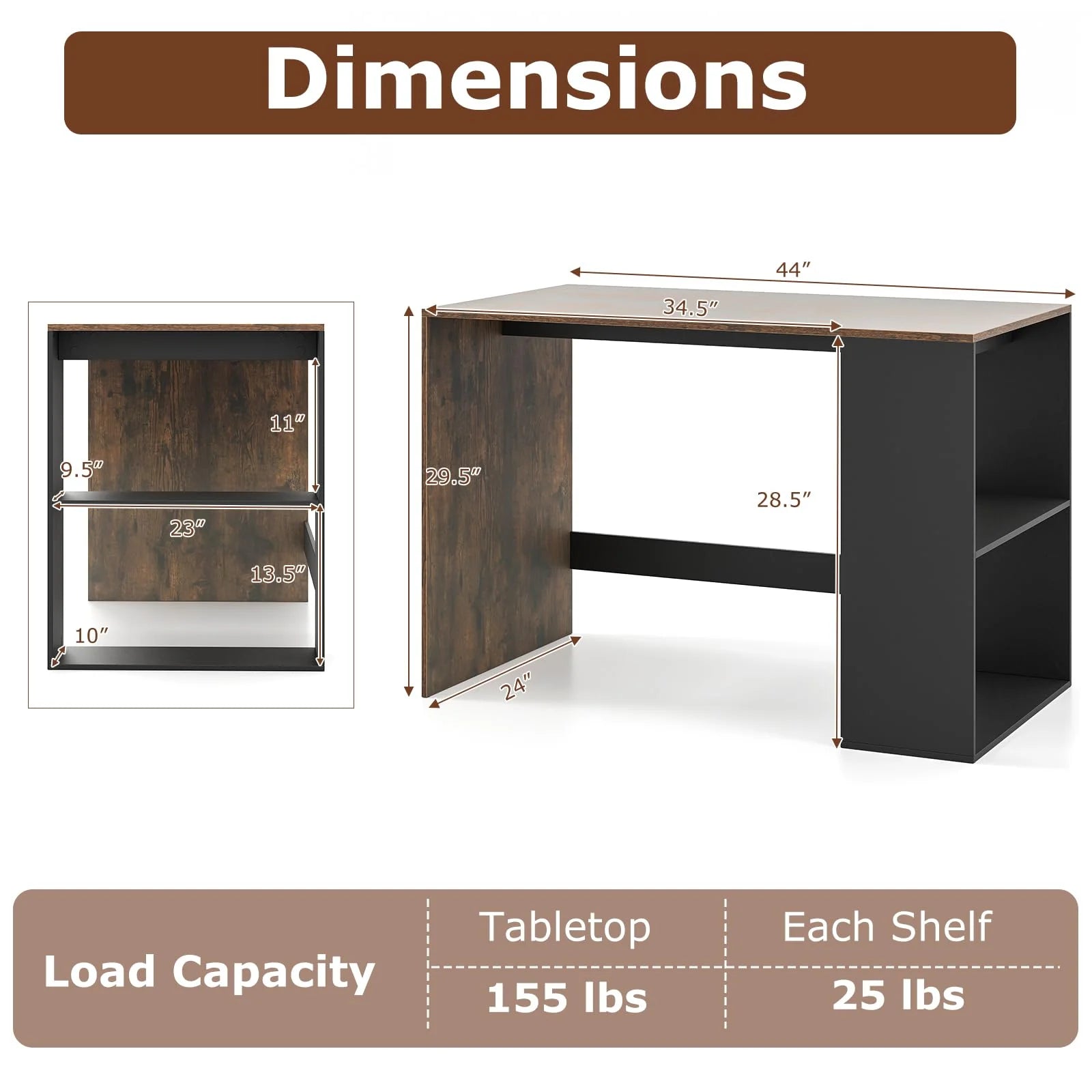 Tangkula 44 Inch Wooden Computer Desk with Bookshelf for Small Space