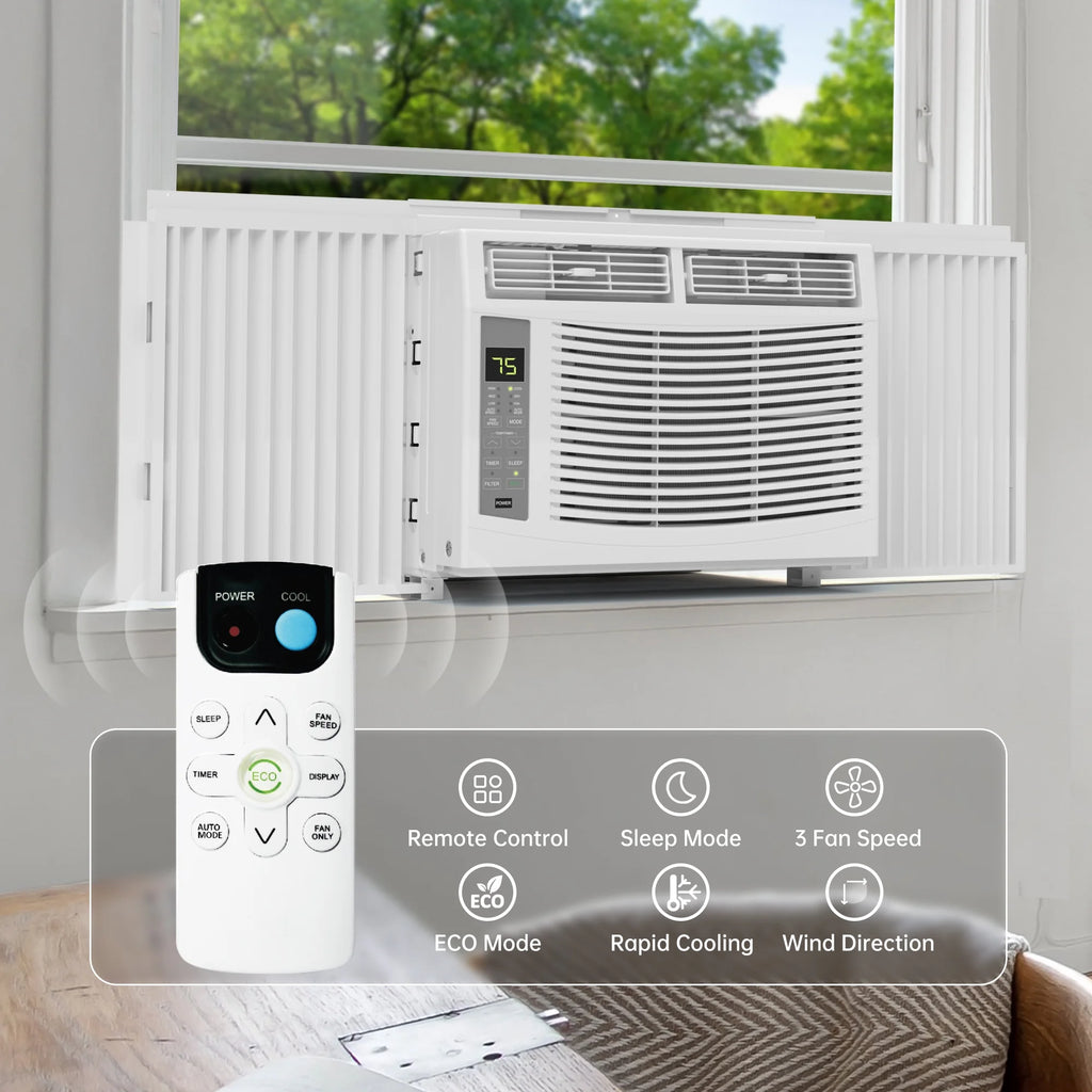 Window Air Conditioner 6000 BTU Cool to 250 Sq Ft Intelligent, LED, Remote Control, Easy to Clean Filter Screen, Can Be Used As a Dehumidifier/Fan, Operates Quietly, and Is Energy - Saving