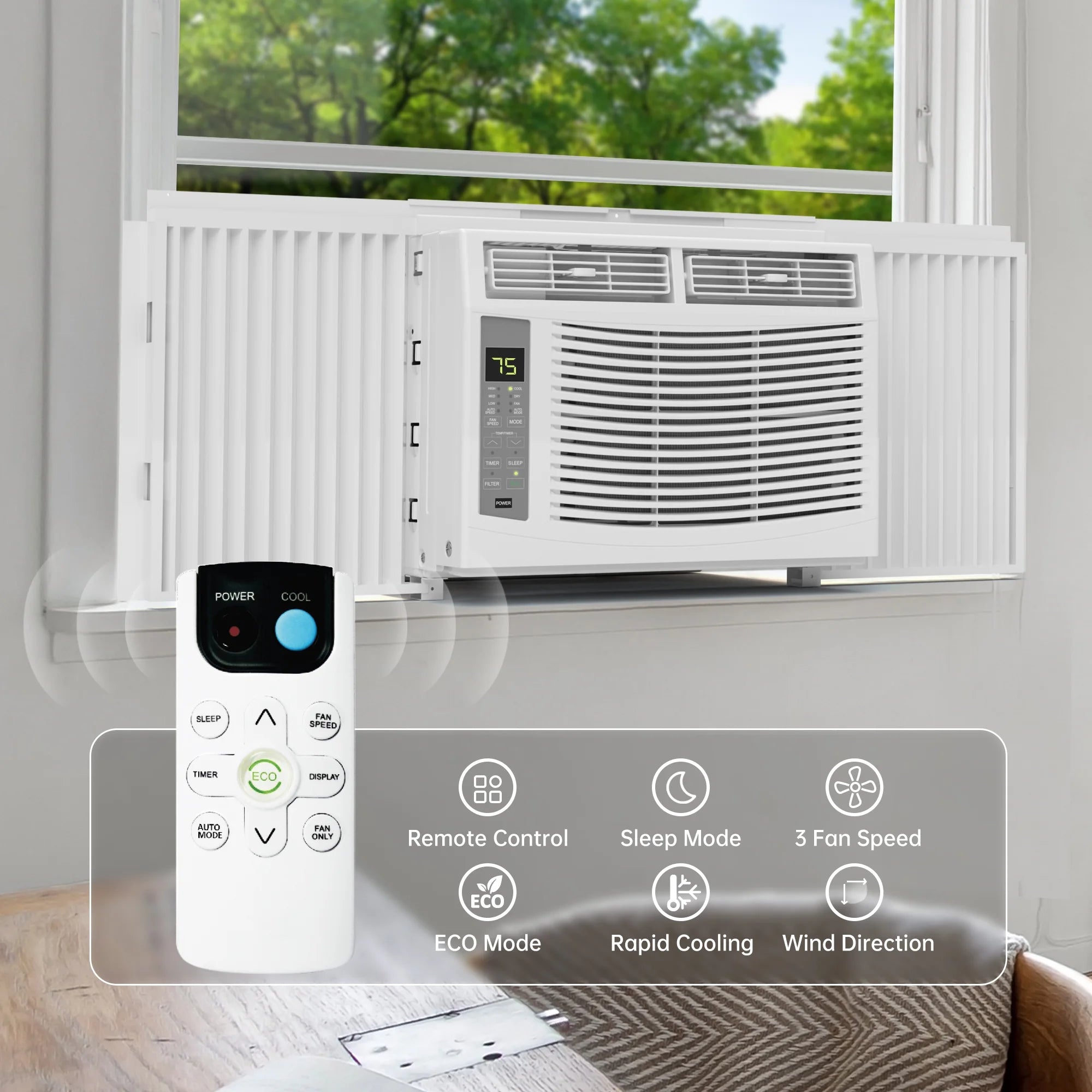 Window Air Conditioner 6000 BTU Cool to 250 Sq Ft Intelligent, LED, Remote Control, Easy to Clean Filter Screen, Can Be Used As a Dehumidifier/Fan, Operates Quietly, and Is Energy - Saving