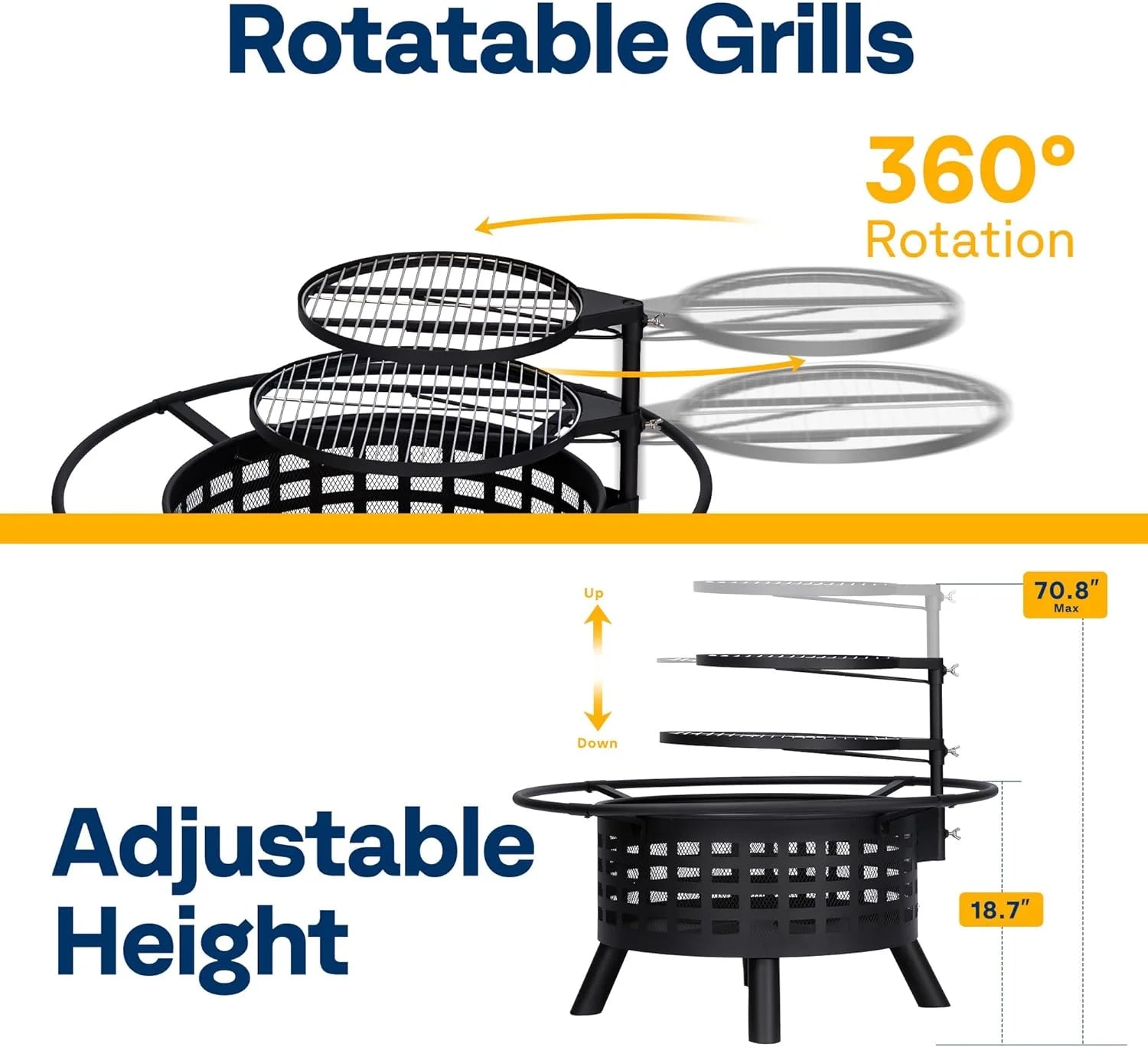 SPECSTAR 3 - in - 1 Fire Pit35 in Wood Burning Firepits with Cooking Grill Grate & Charcoal Pan & Cover Lid, Metal Table for Backyard Bonfire BBQ Outdoor Camping Picnic