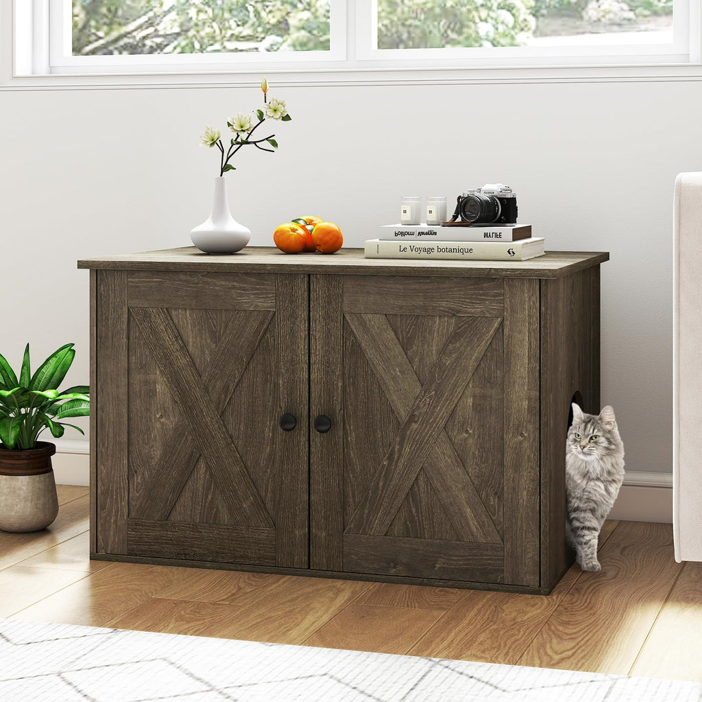 Tangkula Hidden Cat Litter Box Enclosure Furniture with Divider