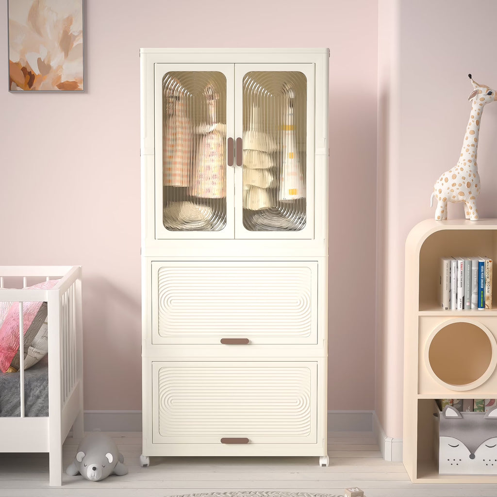 Montary Kids Portable Wardrobe W/ Magnetic Doors & Hanging Rod - 4 - Cube Plastic Storage Cabinet, Nursery/Bedroom
