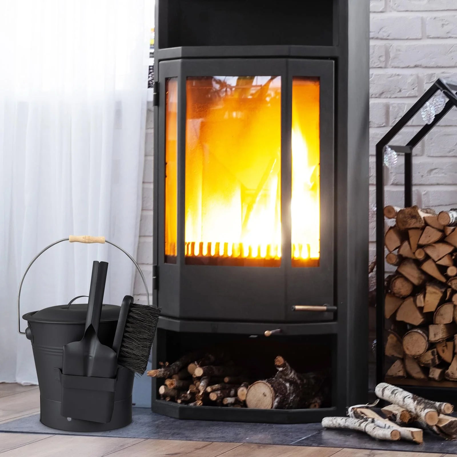 Tangkula Ash Bucket with Lid | 2 Gallon Metal Fireplace Bucket with Handle
