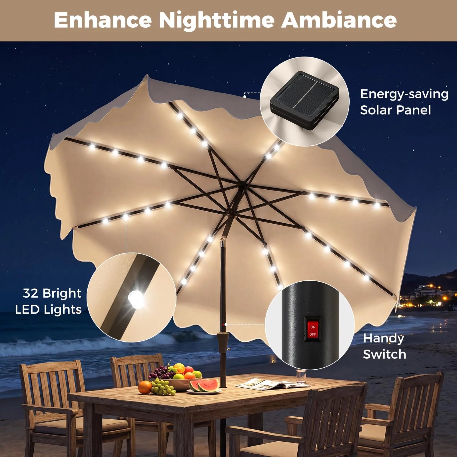 Tangkula 10 FT Outdoor Patio Umbrella with Solar LED Lights and Weighted Base-Beige