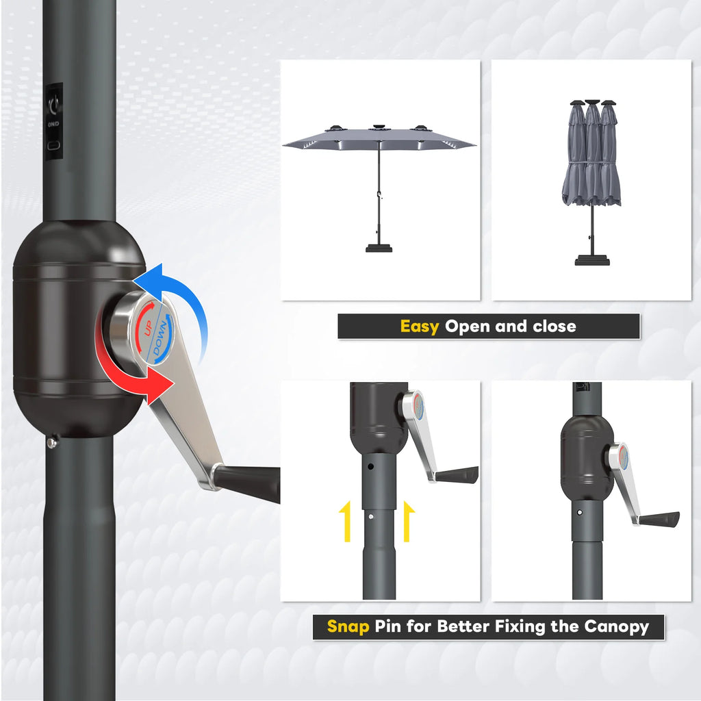 AECOJOY 15ft Patio Double-Sided Umbrella, 156 PCS Solar LED Light Outdoor Large Umbrella, Grey