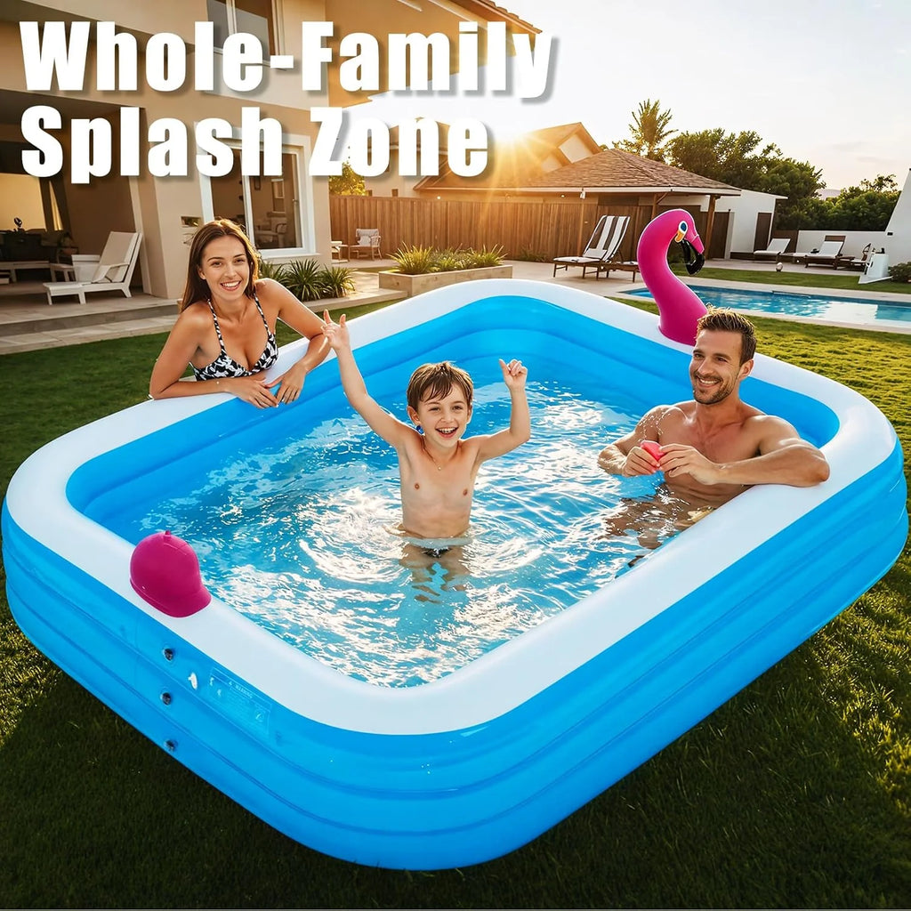 AECOJOY 119"x86"x21“ Inflatable Pool with LED Lights, 3 Light Modes, 3-Ring Blow Up Pool for Adults & Kids(Includes Electric Air Pump)