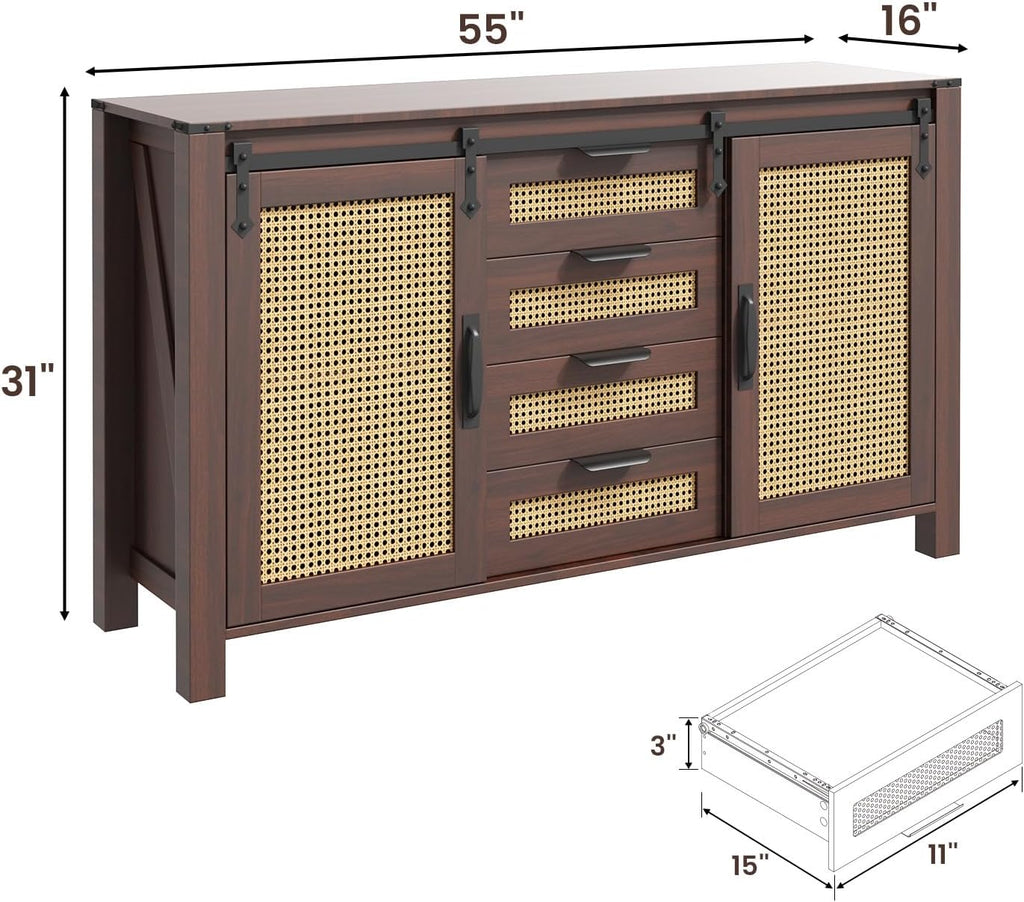 AECOJOY Farmhouse Sideboard Buffet Cabinet with Storage, Rattan Kitchen Cabinet w/Sliding Barn Doors & 4 Drawers