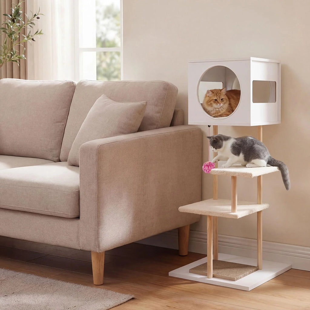 Tangkula 40 Inches Minimalist Wood Cat Tower with Rubber Wood Posts