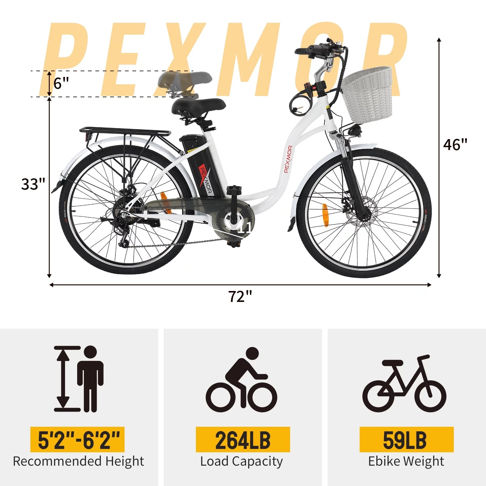PEXMOR Electric Bike for Adults 350W (Peak 500W) City Commuter Ebike 36V 12.5AH Removable Battery 26" Cruiser Electric Bicycle Shimano 6-Speed | Dual Shock Absorber | Basket