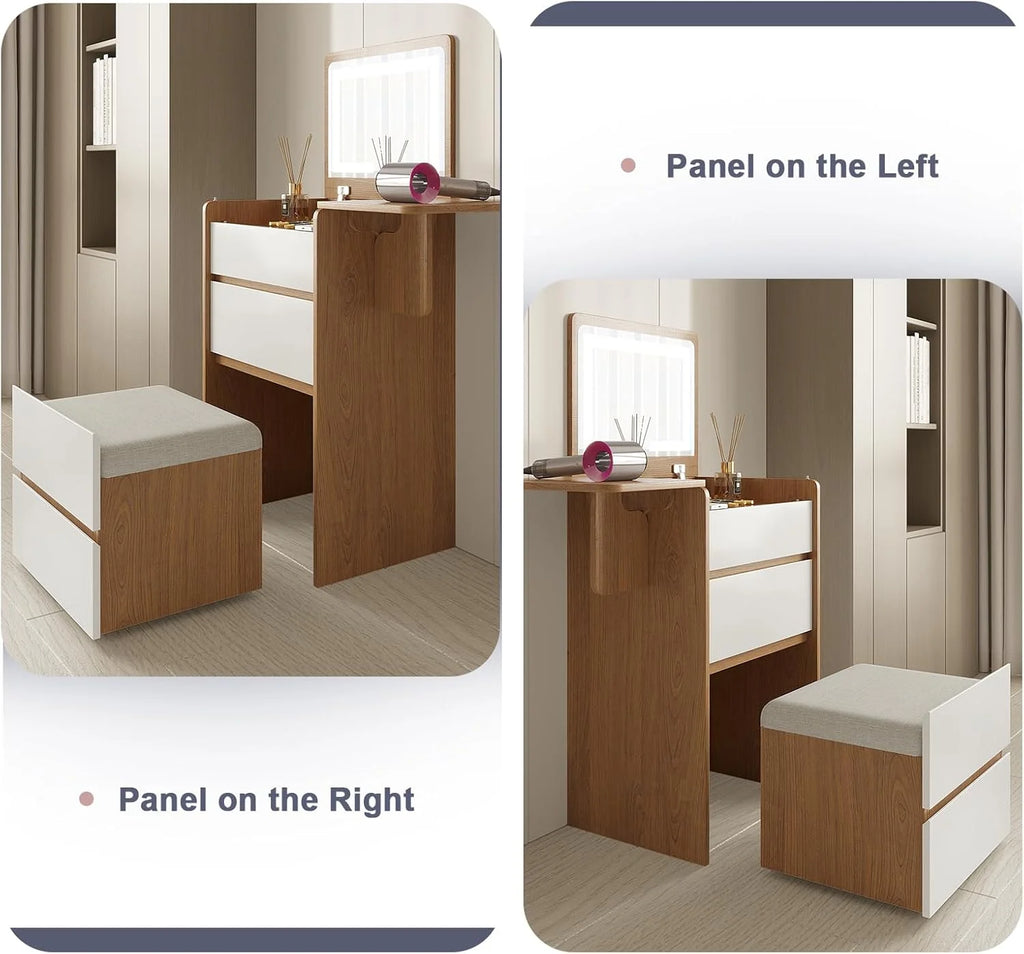 Vanity Desk with Flip Top Lighted Mirror, Compact Makeup Table with Storage Stool, Integrated Vanity with Drawers, 3 - in - 1 Vanity Set, Small Dressing Desk for Bedroom