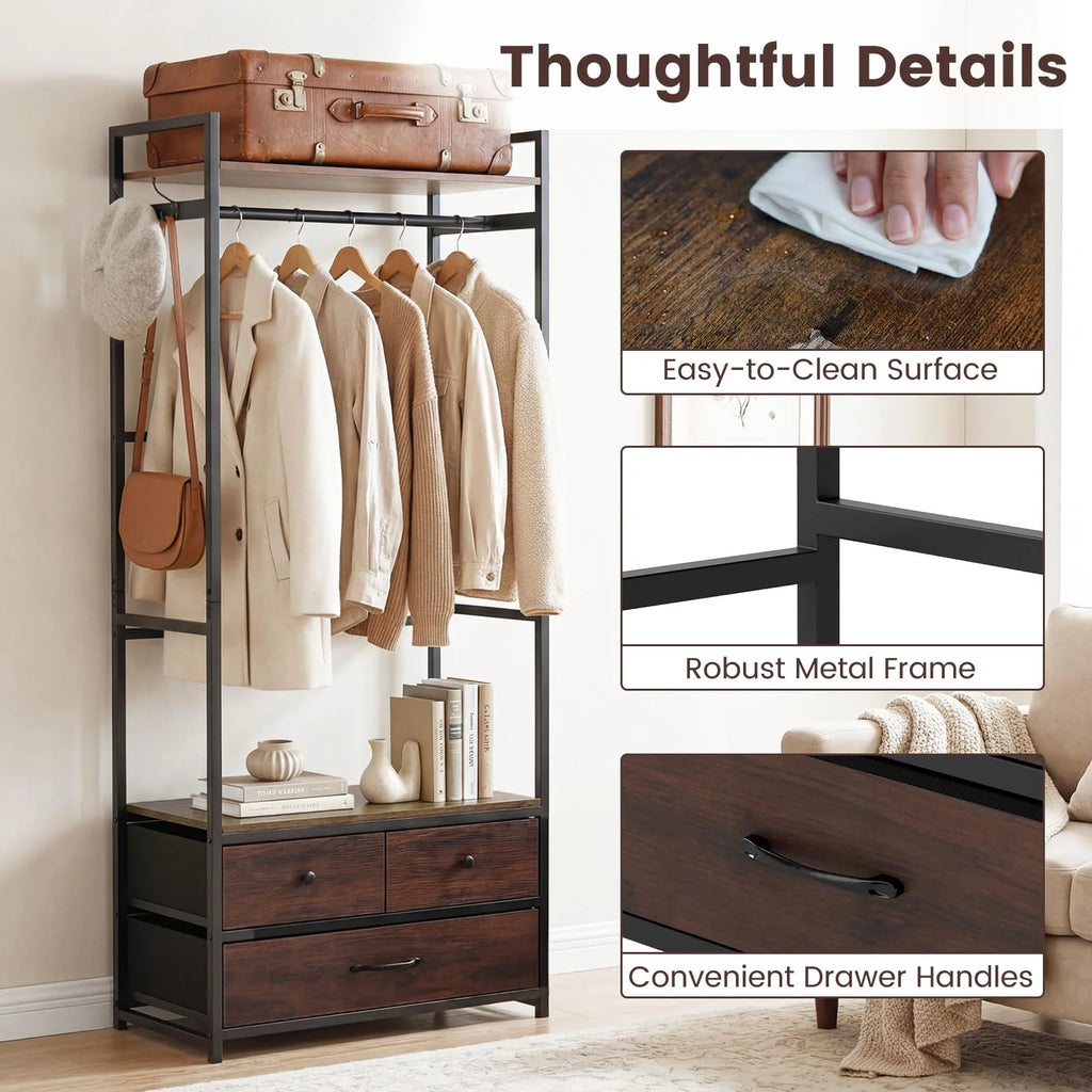 Tangkula Freestanding Small Clothes Rack | Heavy Duty Coat Rack with Drawers