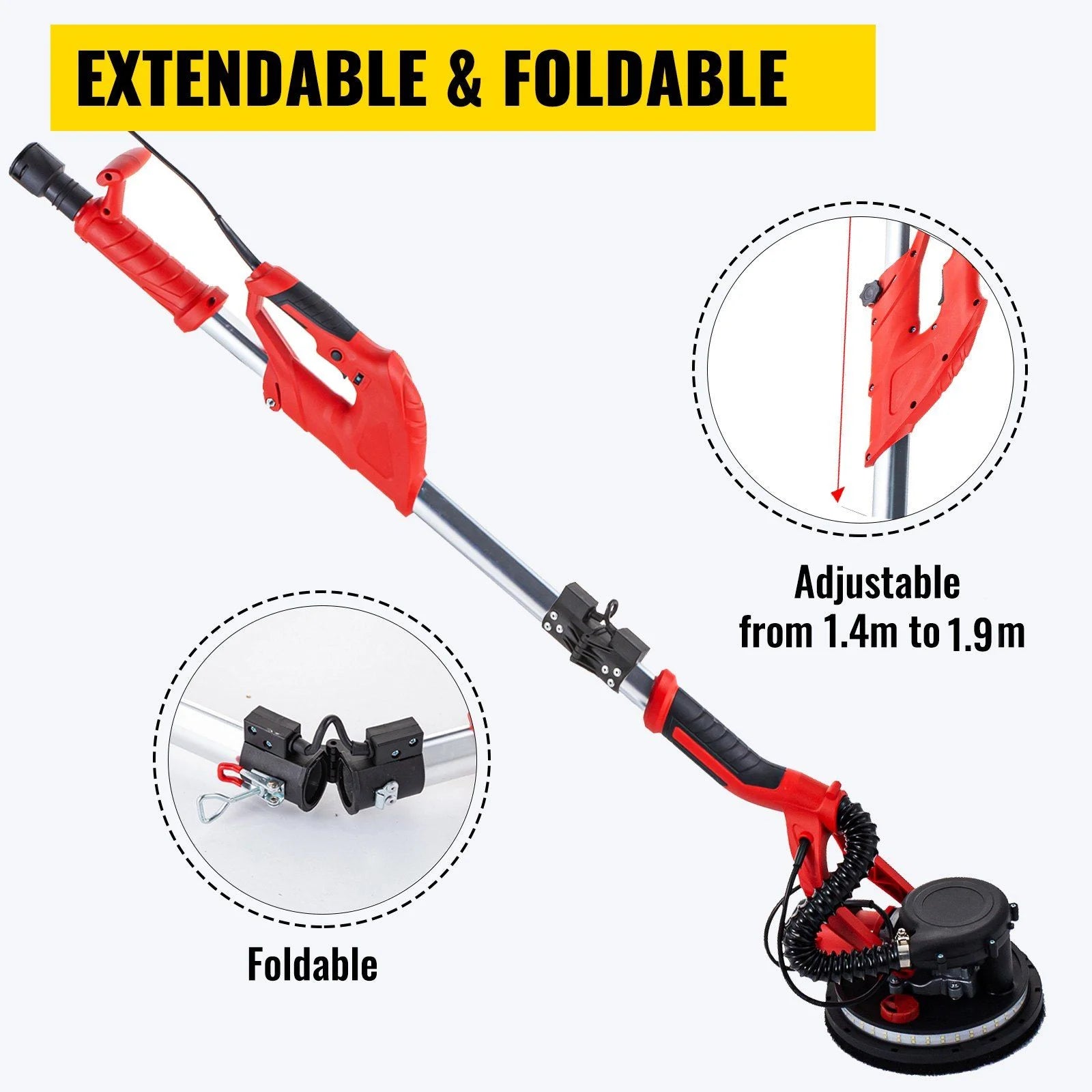 Drywall Sander 850W, Electric Drywall Sander, Electric Sander, with LED Strip Light and Vacuum Bag, Variable Speed 800 - 1750 RPM, Foldable Sheetrock Sander, with Telescope Handle, Wall Sander