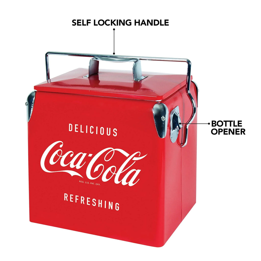 Coca - Cola Retro Portable Ice Chest Cooler with Bottle Opener 13 L (14 Qt), 18 Can Capacity, Red Vintage Style Ice Bucket for Camping, Beach, Picnic, RV, Bbqs, Tailgating, Fishing