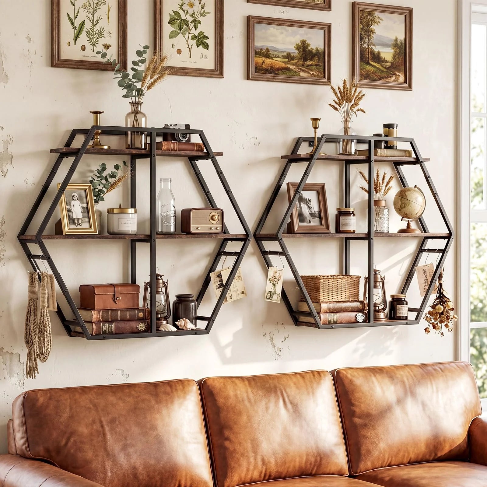 Tangkula Hexagon Wall Shelf with 4 S-Shaped Hooks & Heavy Duty Metal Frame
