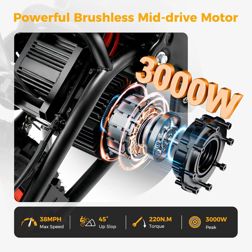 2000W Electric Dirt Bike for Adults Ridingtimes GT73 UL2849, Brushless Hub Motor, 18.2ah*2 Electric Bike with 25" Tires Digital Screen Carbon Steel, Black